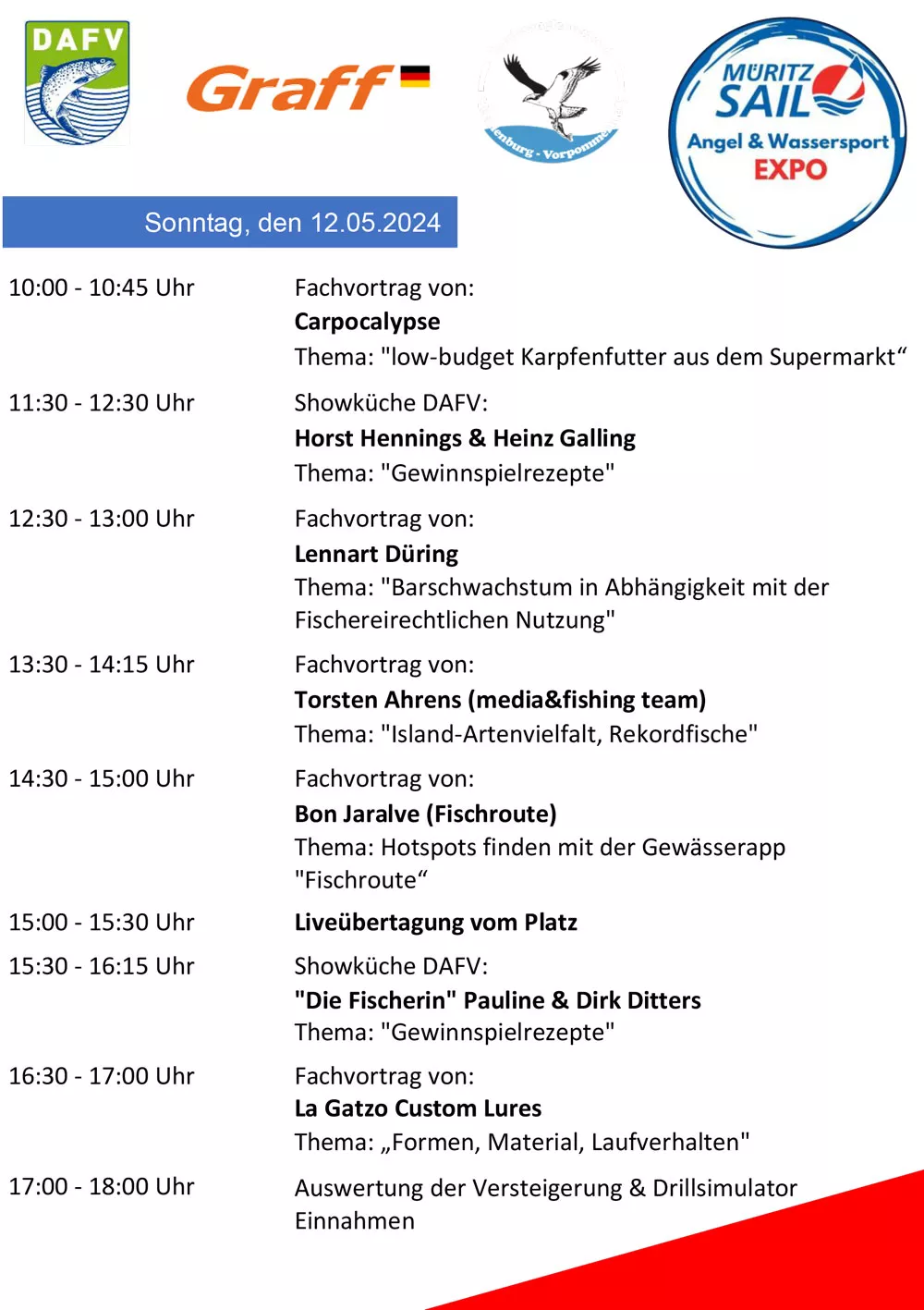 Programm Sonntag - ANGEL & WASSERSPORT EXPO in Röbel zur Müritz Sail